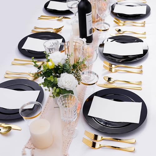 Bestluck 50PCS Plastic Plates Black, Disposable Dinnerware for 25 Guests - Image 3