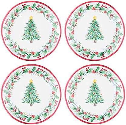 UP Christmas Tree Melamine Round Dessert Plates, Small Serving Plates, Christmas Decorations, for Appetizer, Snacks, and Side Dishes, Red and Green, 6 Inch, Set of 4 by UPware