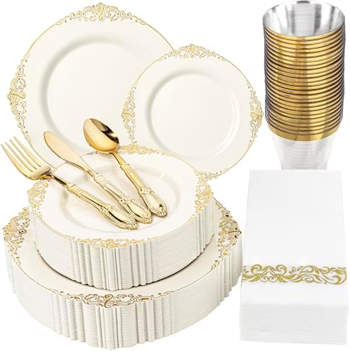 Morejoy 175 PCS Lvory Plastic Plates - Lvory Gold Plastic Dinnerware Sets by Morejoy