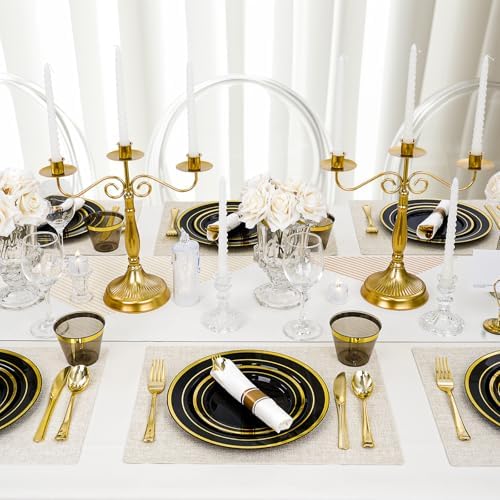 realluck 700 PCS Black Plastic Dinnerware Set for 100 Guests, 200 Disposable Plates for Party, 100 Pre Rolled Napkins with Gold Silverware, 100 Cups for Graduation - Image 6