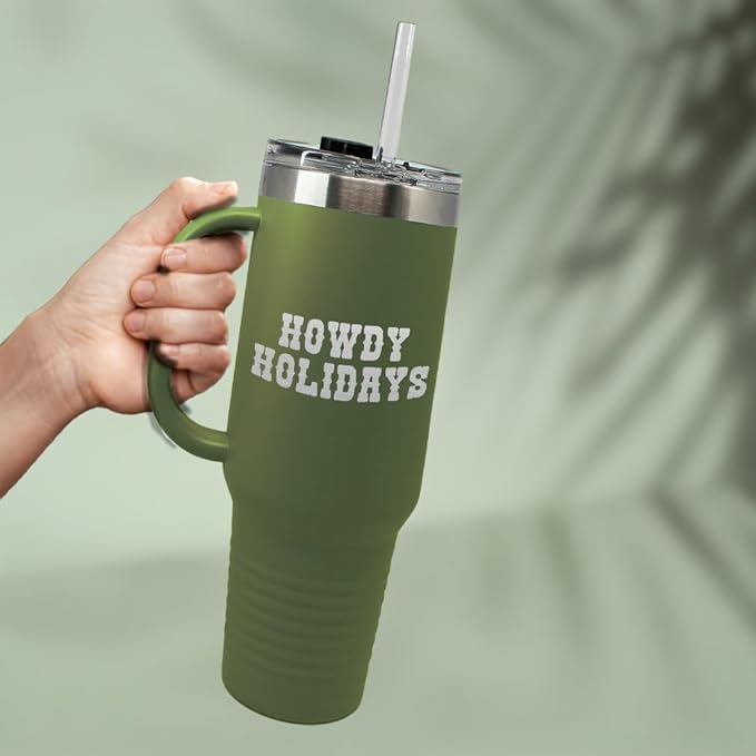 Speedy Pros Tumbler Cups with Straw Howdy Holidays Christmas Xmas Coffee Tumbler with Lid Personalized Insulated Travel Mugs Engraved Stainless-Steel 20 Oz Forest Green Design Only