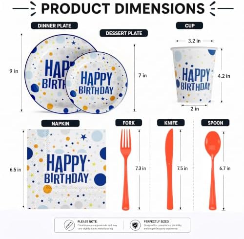 Exquisite 350 Pcs Blue Happy Birthday Plates and Napkins Set, Blue Birthday Plates Set, 50 Of Each 9" Dinner Plate, 7" Dessert Plate, 12 oz Cups, Napkins & Cutlery Plastic Dinnerware Set Set - Image 3