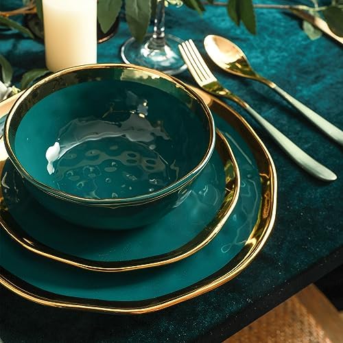 Stone Lain Florian Modern Porcelain Dish Set, 32-Piece Dishes for 8, Gold and Green (Porcelain Dinnerware Set) - Image 3