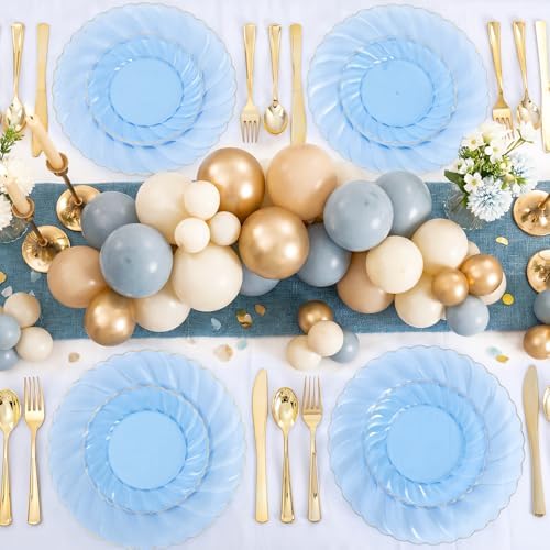 YOUBET 125PCS Clear Blue Gold Plastic Plates - Blue Disposable Plates With Gold Rim Include 25 Dinner Plates 25 Dessert Plates 75 Golden Silverwares for Wedding Birthday & Parties - Image 6