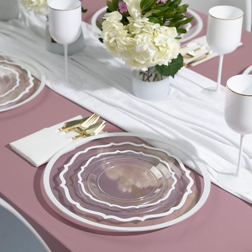 PLASTICPRO 128 Pack Elegant Disposable Plastic Plates Combo Set Bulk Pack Includes 64 Dinner Plates and 64 Salad Plates Heavy Duty Fancy Party Plates Clear with White Contemporary Design - Image 3
