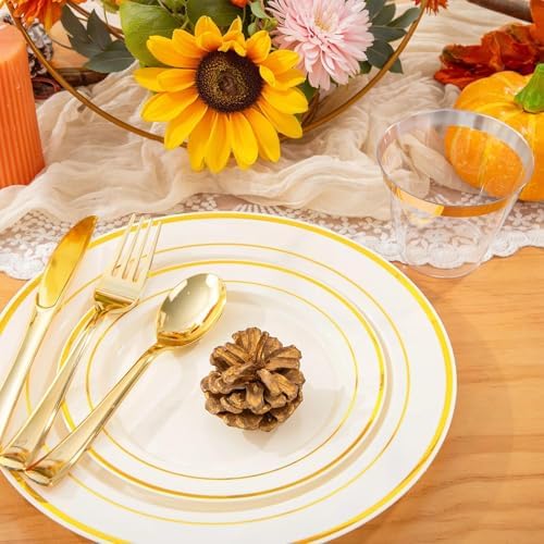 WELLIFE 210PCS Ivory Plastic Plates for 30 Guests - Gold Plastic Plates, Platos Para Fiestas Elegantes Desechables, Disposable Plate for Party and Wedding - Image 3