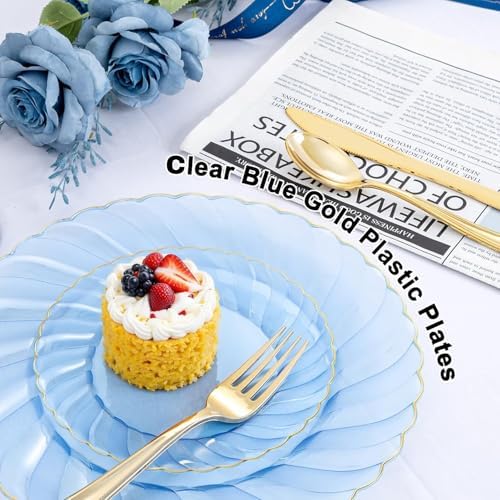 YOUBET 125PCS Clear Blue Gold Plastic Plates - Blue Disposable Plates With Gold Rim Include 25 Dinner Plates 25 Dessert Plates 75 Golden Silverwares for Wedding Birthday & Parties - Image 4