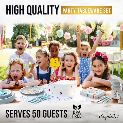 Exquisite 350 Pcs Blue Happy Birthday Plates and Napkins Set, Blue Birthday Plates Set, 50 Of Each 9" Dinner Plate, 7" Dessert Plate, 12 oz Cups, Napkins & Cutlery Plastic Dinnerware Set - Image 6
