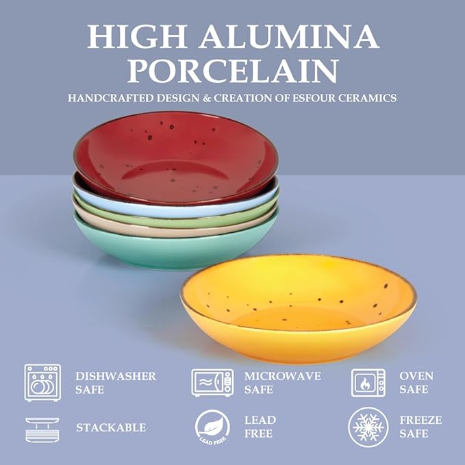 Esfour 7.95 Inch Porcelain Pasta Bowl, 23.6 Ounces Salad Bowls, Microwave & Dishwasher Safe, Sturdy & Stackable, Set of 6 Ceramic bowls Plates Set, Wide Shallow salad Bowls Set, Vivid Assorted Colors