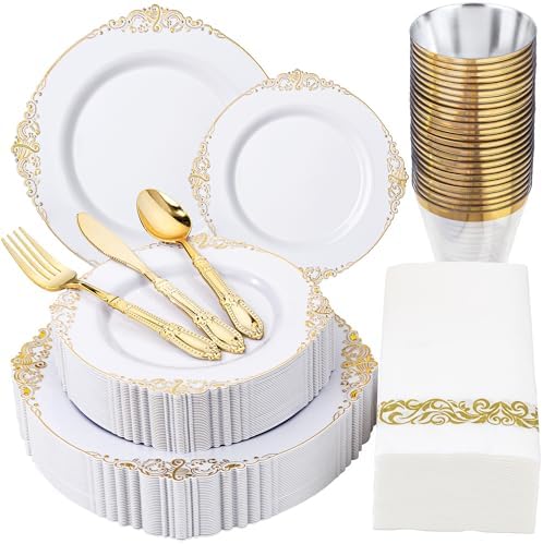 Morejoy 175PCS White and Gold Plastic Plates,Gold Plastic Dinnerware Sets by Morejoy