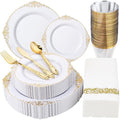 Morejoy 175PCS White and Gold Plastic Plates,Gold Plastic Dinnerware Sets by Morejoy