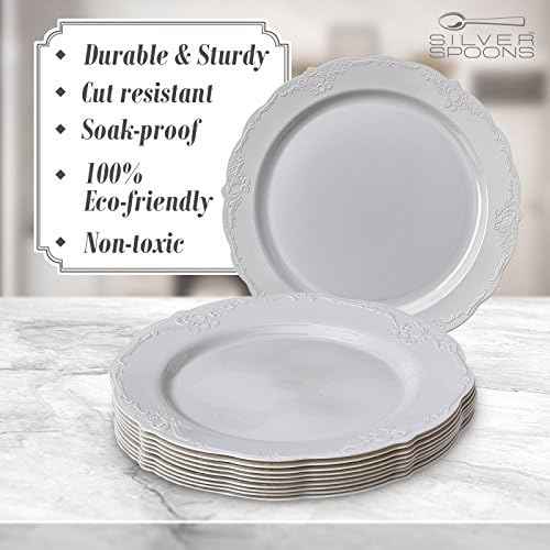HEAVY DUTY PLASTIC PLATES SET | 10 Dinner Plates | 10 Salad Plates | 10 Dessert Plates | Elegant Plastic Dinnerware | Fine China Look | Upscale Wedding Dining (Vintage Collection - Grey) - Image 6