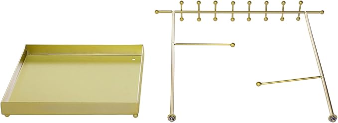 MyGift Matte Metal T Bar Jewelry Stand Organizer with Ring Tray, 3 Bracelet and Necklace Bars and 2 Earring Storage Hanger Bars for 18 pairs of Earrings (Brass)