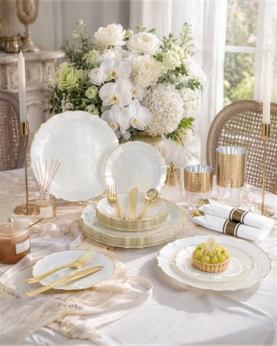 bUCLA 175PCS Ivory Plastic Plates - Gold Rim 25 Guests for Party, Wedding - Image 3