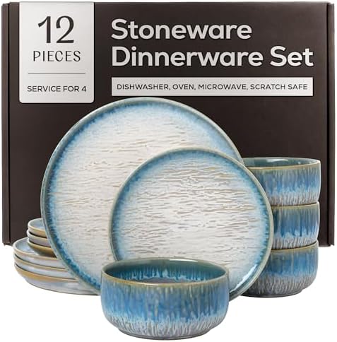 Joseph Sedgh Collection Durable Stoneware Dinnerware Set with Reactive Glaze Finish, 12-Piece, Talia Blue by JosephSedghCollection