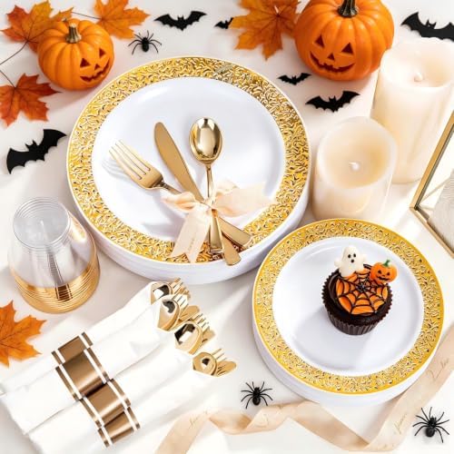 WELLIFE 100 Guests Dinnerware Sets, Gold Plastic Plates, Platos Para Fiestas Elegantes Desechables Include:100 Dinner Plates,100 Dessert Plate,400 Pcs Gold Plastic Silverware, 100 Cups for Party - Image 3