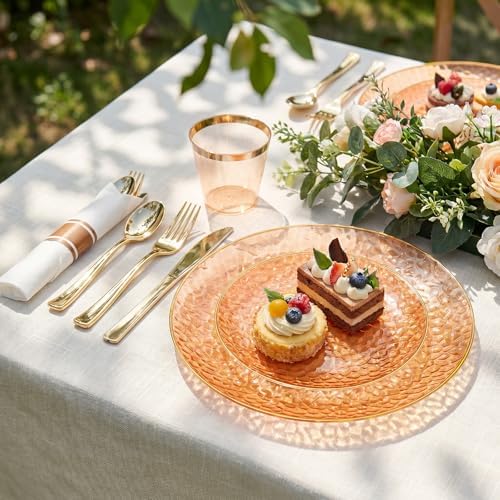 Rubtlamp 700Pcs Orange Gold Plastic Dinnerware Set, Hammered Clear Gold Plates, Fancy Plastic Plates Include 100 Dinner Platos, 100 Salad Platos, 100 Cups, 100 Pack Pre Rolled gold plastic Silverware - Image 4