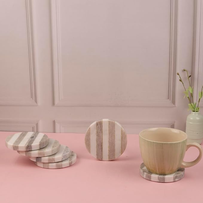 GoCraft Handcrafted Marble Round Coasters with Striped Inlay - Set of 6 White & Grey Marble Coasters for Wine Glasses, Drinks & Beverages, Stylish Barware & Home Decor for Dining & Entertaining