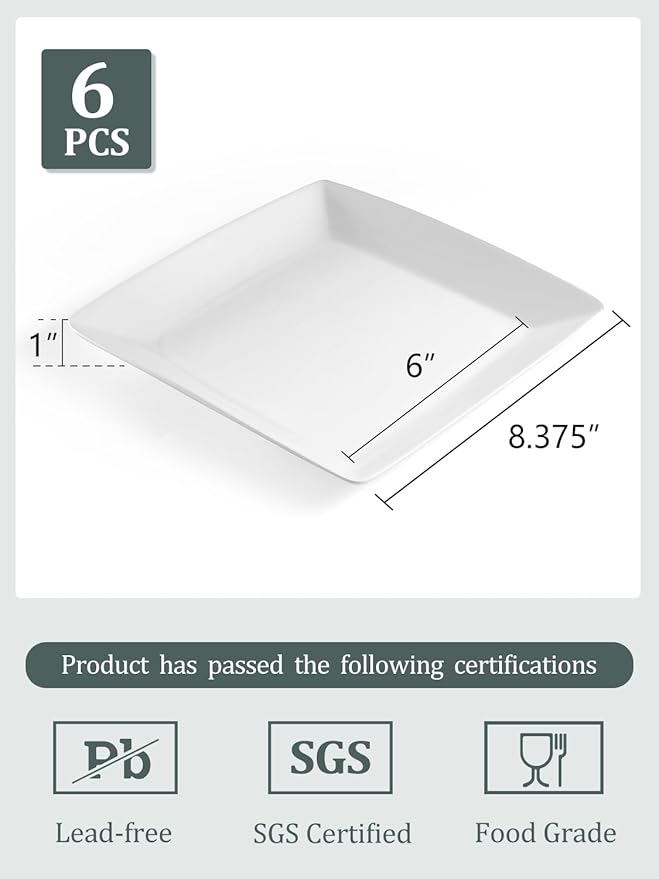 Yedio Porcelain Square Dessert Plates, 8.4 Inch Square Serving Plate for Steak, Pasta, Salad, Snacks, Dessert, Appetizer Plates, Set of 6, White