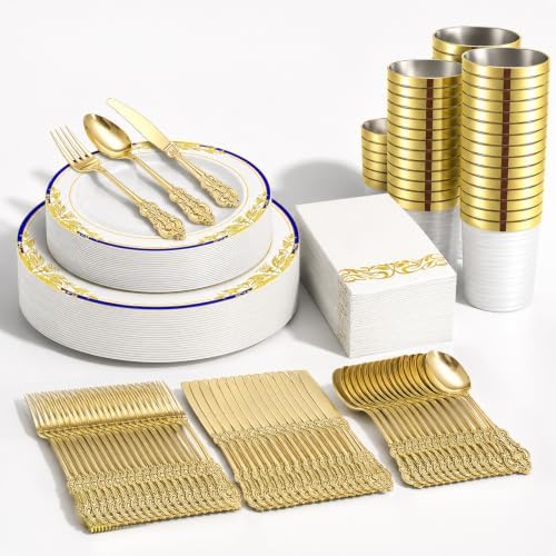 White Gold Disposable Plastic Plates, Heavy Duty Disposable Dinner Ware Set by POZCMJM