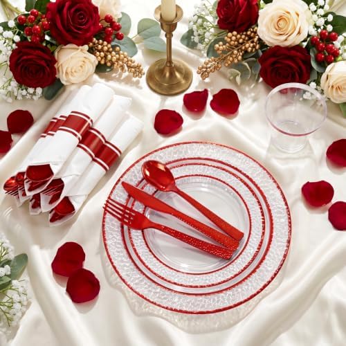 Ciaell 350 PCS Clear and Red Plastic Plates – Red Dinnerware Set for 50 Guests Include 100 Plastic Plates, 50 Pre Rolled Napkins with Cutlery Set, 50 Cups for Wedding (Pack of 3) - Image 2