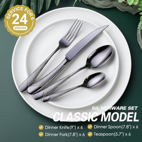 Hammered Black Silverware Set, OGORI 24-Piece 18/10 Stainless Steel Flatware Set, Service of 6 - Image 2