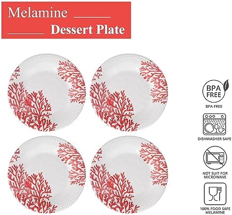 UP Red Coral Melamine Round Dessert Plates, Small Serving Plates, for Appetizer, Snacks, and Side Dishes, Red, 6 Inch, Set of 4 - Image 2