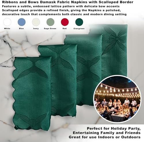 Newbridge Square Napkin, Set of 4 Napkins, Ribbons and Bows Damask, Wrinkle and Stain Resistant Square Napkins, Holiday Evergreen - Image 2