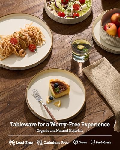 Famiware Stoneware Dinnerware Sets with Pasta Bowls, Rimmed Dishes for 6 - Image 3
