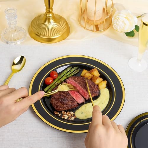 BESTVIP 200PCS Black Plastic Plate with Gold Rim - Image 3