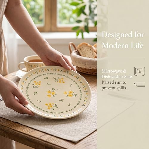 Modern Yellow Daisy Ceramic Dinner Plates, Set of 6, 10.25-Inch Large Serving Plates for Kitchen, Microwave, Oven & Dishwasher Safe - Image 6