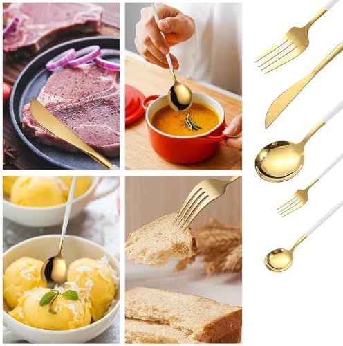 Kawlity Stainless Steel Serving Flatware Durable White & Gold Polished Knives Spoon Forks 30 Pcs Utensil Dinner Tableware, for Kitchen Dishwasher Adults and Children Ideal Gift - Image 6