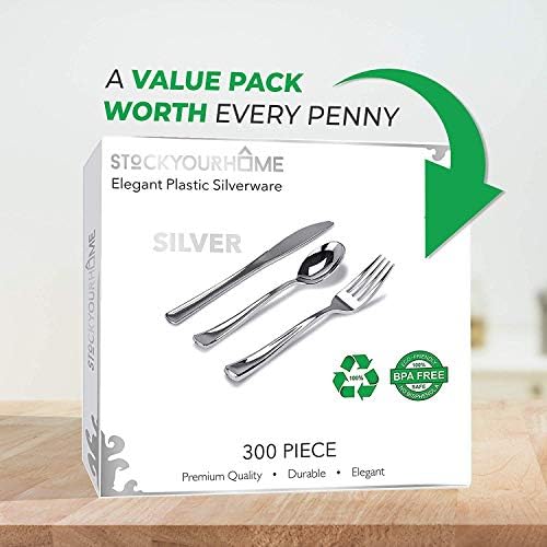 Silver Plastic Cutlery Set 300 Pack Disposable Silverware Heavy Duty Plastic 100 Forks, 100 Knives, 100 Spoons for Catering Events, Parties, Dinners, Weddings, Everyday Use, Stock Your Home - Image 4