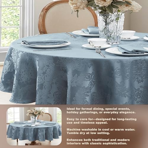 Newbridge Barcelona Damask Fabric Tablecloth, 60 x 84 Inch Oval, Blue – No Iron, Soil Resistant Table Cover for Dining, Parties and Holidays - Image 4