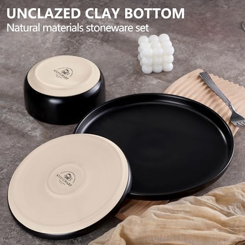 LIANYU Stoneware Dinnerware Sets for 4, 12 Piece Plates and Bowls Set, Ceramic Dishware Dishes for Dining, Scratch Resistant Kitchen Porcelain Plates, Microwave & Dishwasher Safe, Matte Black - Image 4
