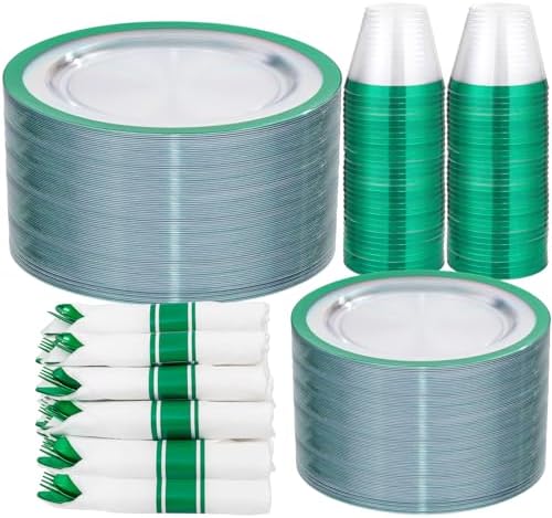 I00000 350 Green Plastic Plates, Clear Disposable Dinnerware Set for Party by I00000