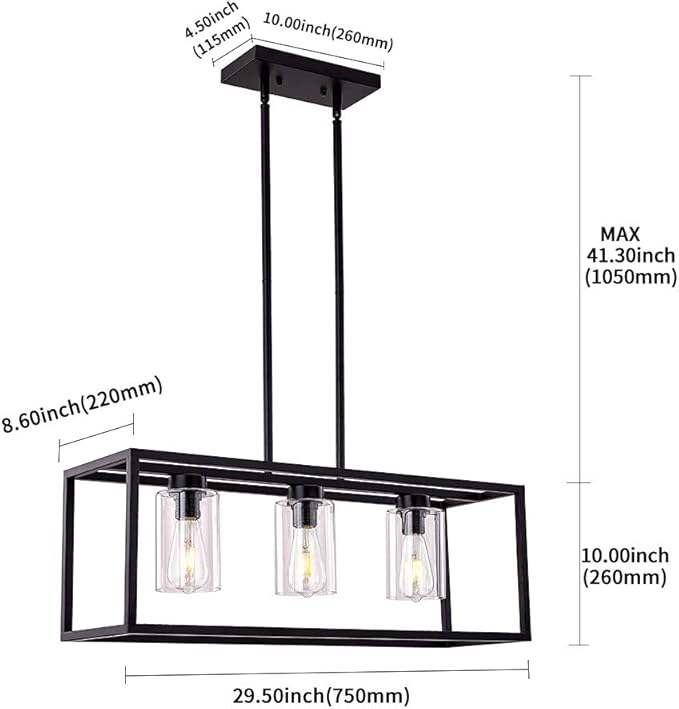 XILICON Dining Room Lighting Fixture Hanging Farmhouse Black 3 Light Modern Pendant Lighting Contemporary Chandeliers with Glass Shade for Living Dining Room Bedroom Kitchen Island