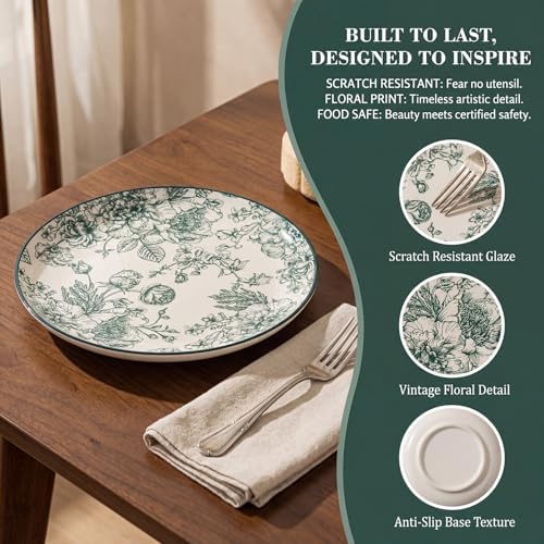 6-piece Vintage Green Floral 10.25-inch Ceramic steak plate - Image 2