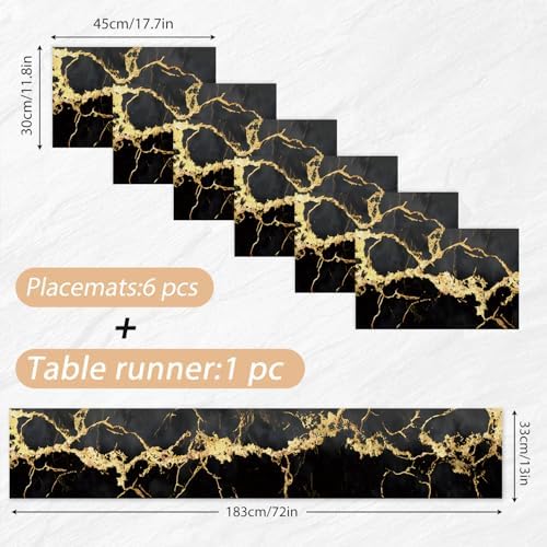 ANNA QUEEN Gold and Black Marble Table Runner and Placemats Set of 6 – Elegant 13"x72" Table Runner with 12"x18" Placemats, Luxury Dining Table Decor for Kitchen, Modern Home Décor, Party - Image 3
