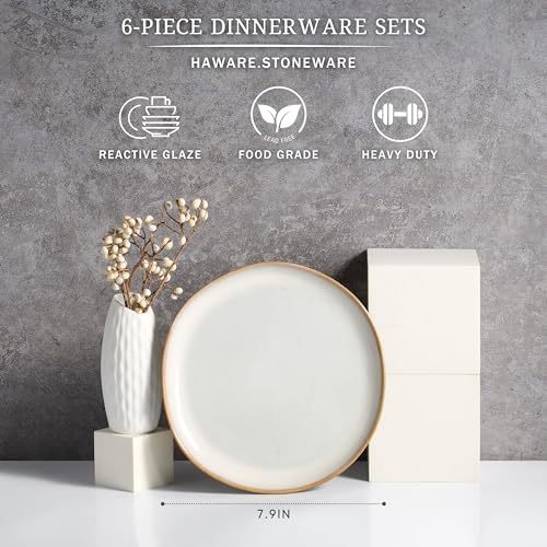 HaWare Stoneware Salad Plates Set of 6, 7.9” Heavy Duty Ceramic Plates, Reactive Glaze Dinnerware for Home Restaurant, Chip and Scratch Resistant, Microwave and Dishwasher Safe, Reactive Pearl White - Image 2