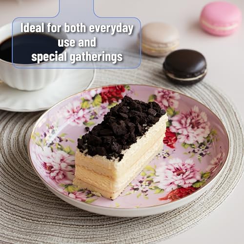 BTaT- Floral Dessert Plates Ceramic, Set of 6, 8 Inch, Assorted Colors with Golden Rim, Deep Porcelain Floral Plates Set of 6, Dishwasher Safe - Image 4