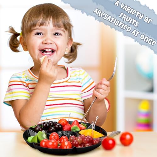 Zhehao 6 Pcs Plastic Divided Serving Trays with 60 Pcs Disposable Fork, 7 Compartments Round Chip Dip Plate, Petal Shape Platter, 10.6'' Snacks Serving Dish for Party Candy Nuts Fruits (Black) - Image 5