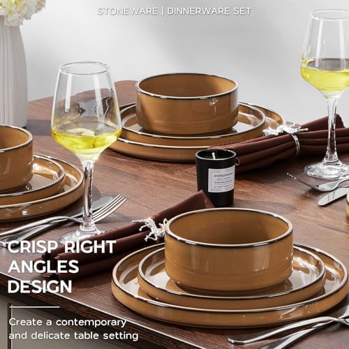 Onader Stoneware Dinnerware Sets for 4, Plates and Bowls with Unglazed Terracotta Bottom, Elegant Kitchen Ceramic Dish Dishware Set, Reactive Glaze 12 Piece - Earthy Umber - Image 7