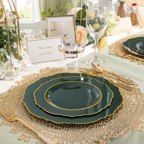 Liacere 175PCS Green Plastic Plates - Emerald Green Disposable With Gold Rim - 25Guest Baroque Plastic Dinnerware include 50Plates-25Pcs Pre Rolled Napkins with Silverware 25Cups for Party & Wedding - Image 5