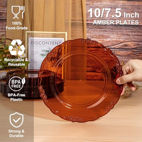 U-QE 100PCS Amber Plastic Plates - Clear Brown Plastic Plates - Image 2