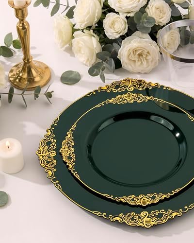 Morejoy 175PCS Green Plastic Plates - Green Gold Plastic Dinnerware Sets - Image 6