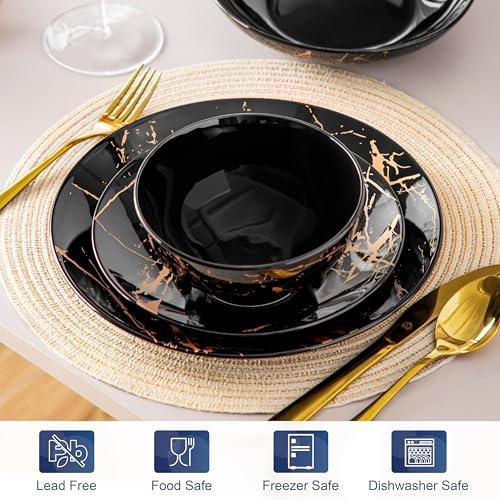 LOVECASA Plates and Bowls Sets for 6, 24 Pieces Porcelain Dinnerware Sets, Black and Gold Dish Set Gold Splash Dishware Sets, Dishwasher Microwave Safe - Image 4
