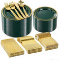 BESTVIP 600 Pcs Green Plastic Dinnerware Set with Gold Trim for 100 Guests,200 Green Plastic Plates with Gold Trim, 200 Gold Forks, 100 Spoons, 100 Knives for Party, Wedding, Birthday & Christmas by Bestvip