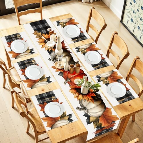ANNA QUEEN Buffalo Plaid Pumpkin Table Runner and Placemats Set of 6, 13"x72" Table Runner with 12"x18" Placemats, Fall Sunflower Dining Table Set for Kitchen, Farmhouse, Thanksgiving Decor by ANNAQUEEN