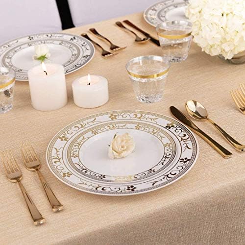 125-Piece White and Gold Floral Fancy Plastic Plates Disposable with Silverware, Elegant Dinnerware for Weddings, Holiday Party China, Set of 25 Dinner + Salad Plates, 25 Spoons, 25 Forks, 25 Knives - Image 2